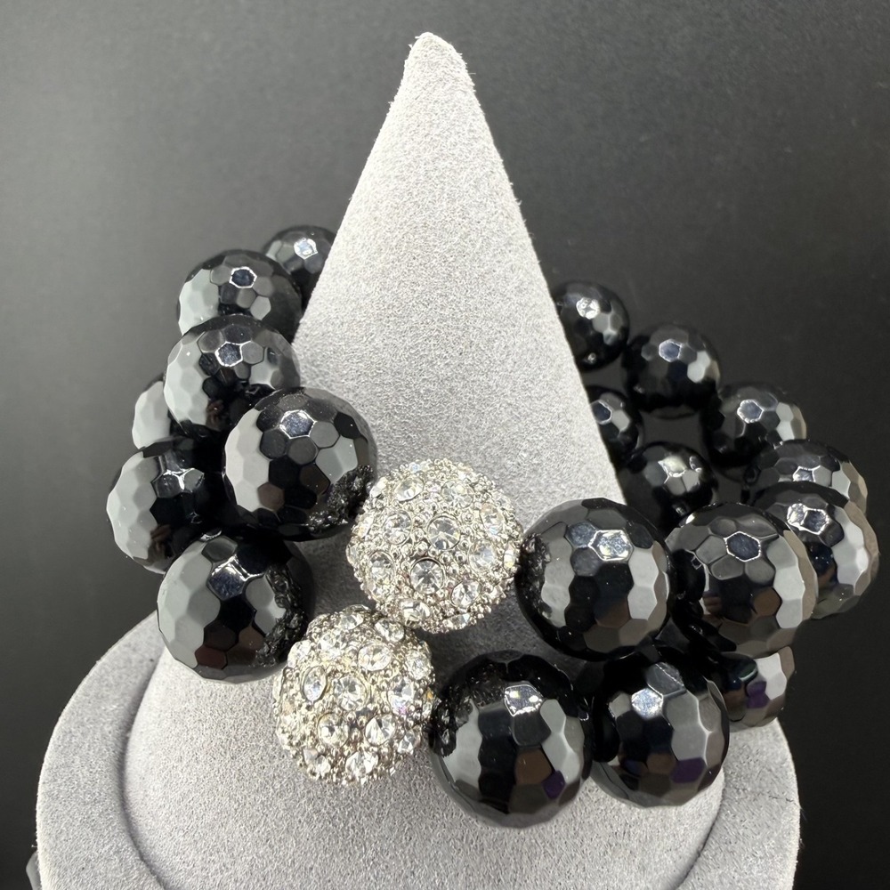 Vintage Estate Bracelet Lot Black Faceted Glass Beaded Rhinestone 7in